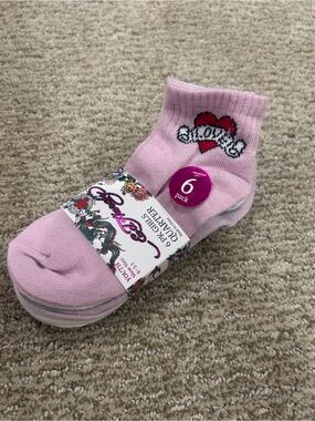 Ed Hardy Pink Girls' Ankle Socks with Red Heart Tattoo Motif (6-Pack)